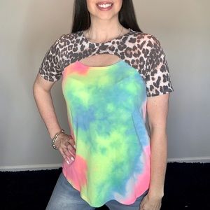 New neon tie dye leopard keyhole top shirt